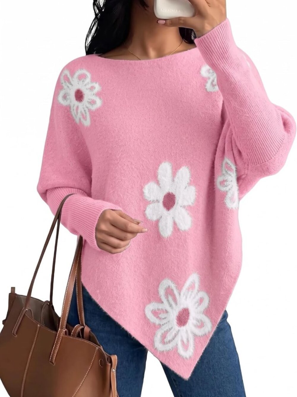 Chic Pink Asymmetrical Floral Knit Sweater Poncho Top for Women - Cozy & Stylish